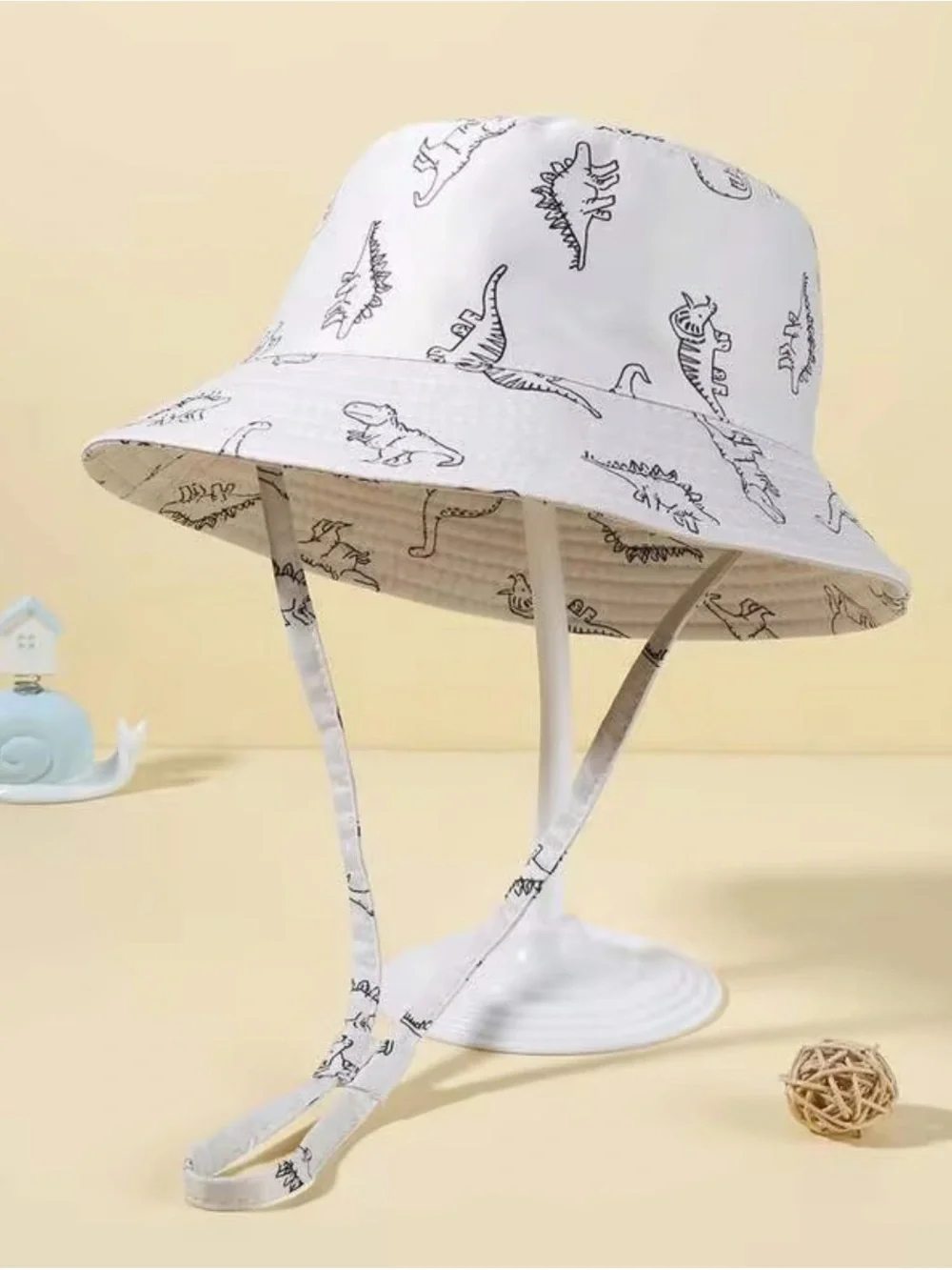 SHEIN Yellow & White Kids Dinosaur Print Reversible Bucket Hats